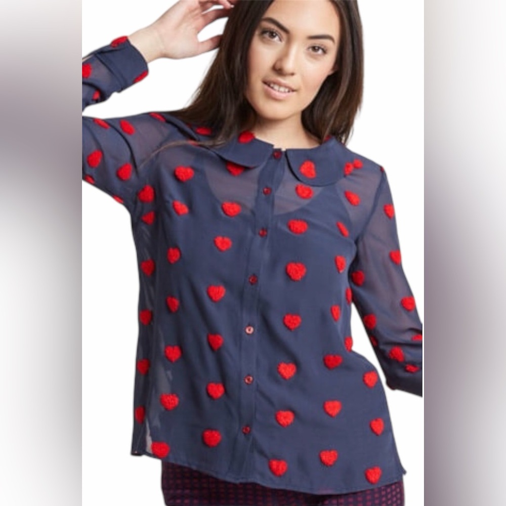 Womens Navy Button-Up Blouse with Red Heart Appliqués